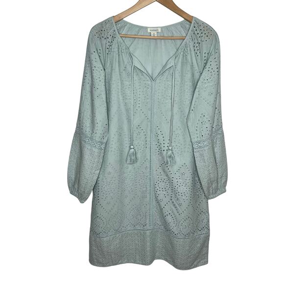 Sundance Womens Coastland Dress XS Aqua Eyelet Boho Cotton Peasant Tasseled - Picture 2 of 9